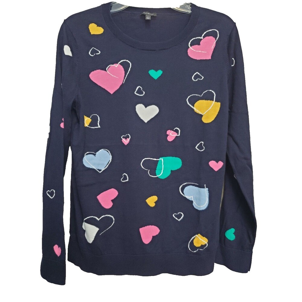 TALBOTS Blue Tossed Hearts Cotton Blend Crew Neck Sweater Size Large